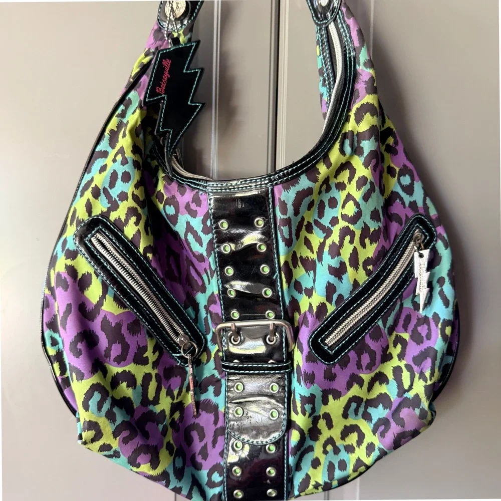 Betseyville Y2K Punk Multicolor Neon Leopard Lightning Charm Hobo Bag ,Large